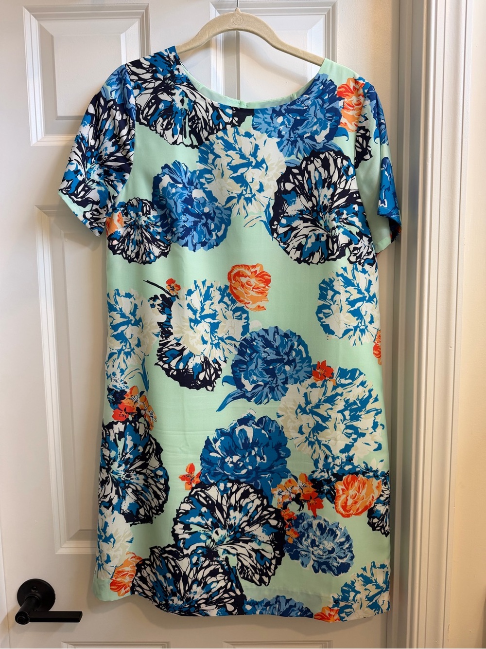 J. Crew Mint Shift Dress with Blue and Coral Floral Print